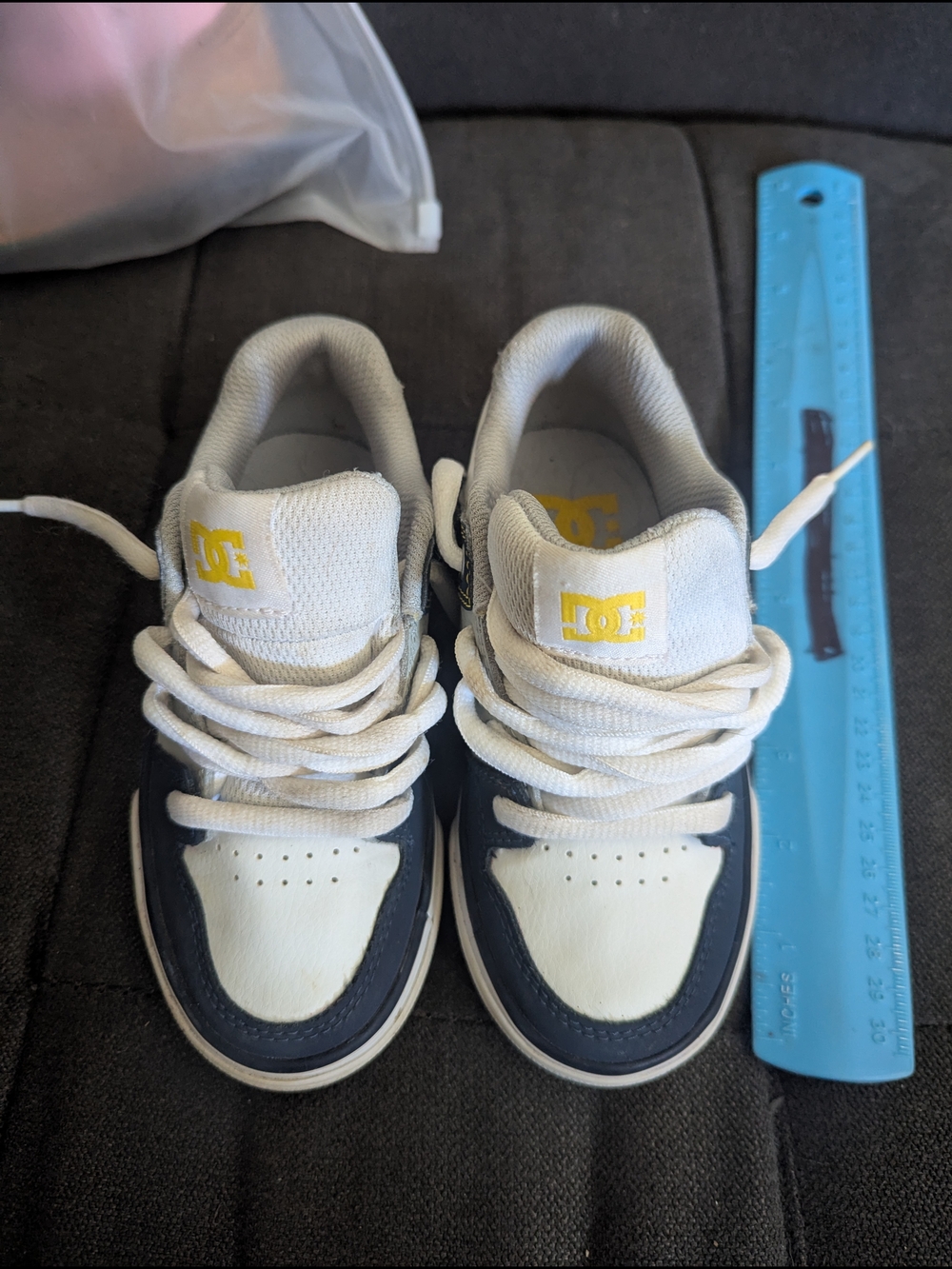 DC Kids Skate Sneakers in White and Navy with Yellow Logo